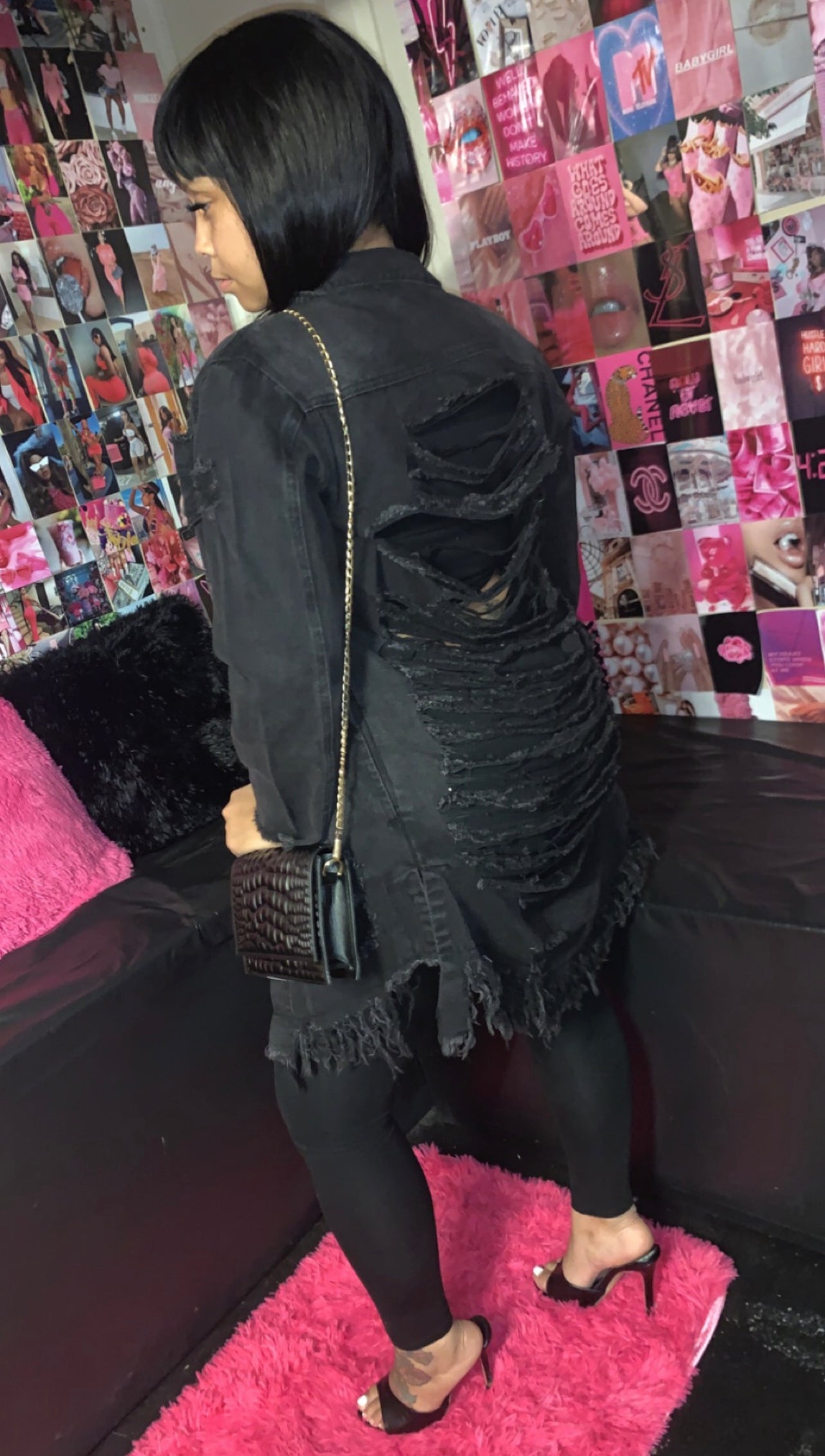 Long black denim jacket