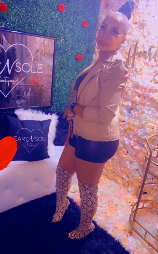 Nude puff shoulder moto jacket