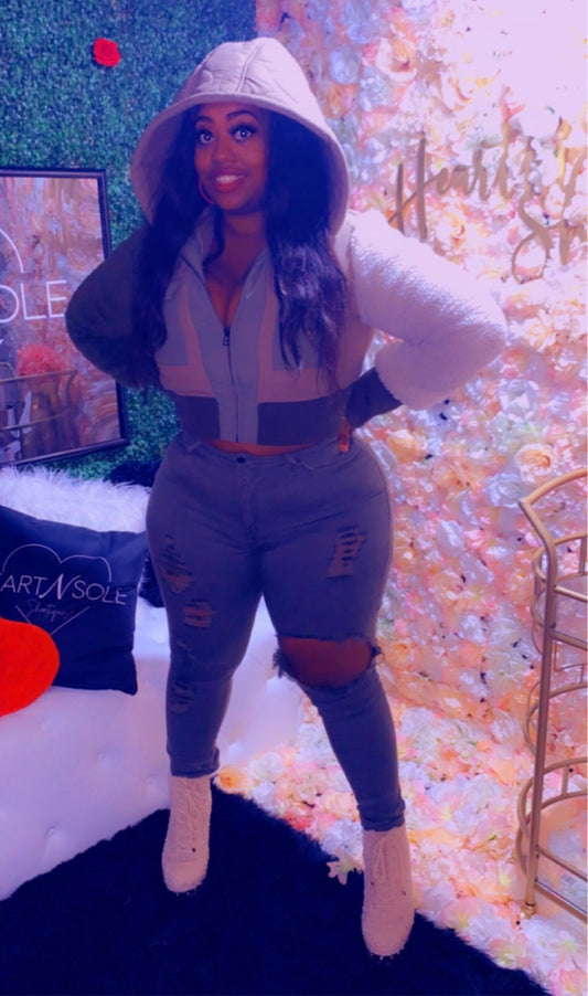 Color block crop Sherpa hoodie